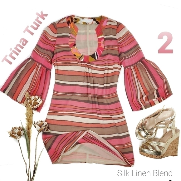 Trina Turk Sheer Pink Bell Sleeve Striped Boho Dress 2 - Picture 1 of 16